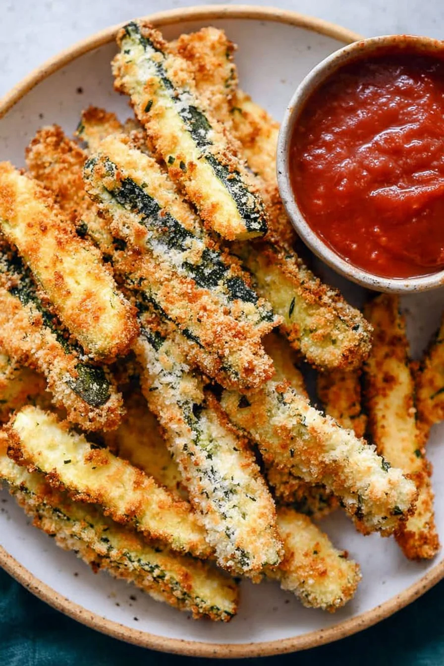 Crispy Air Fryer Zucchini Fries stacked on a plate with dipping sauce