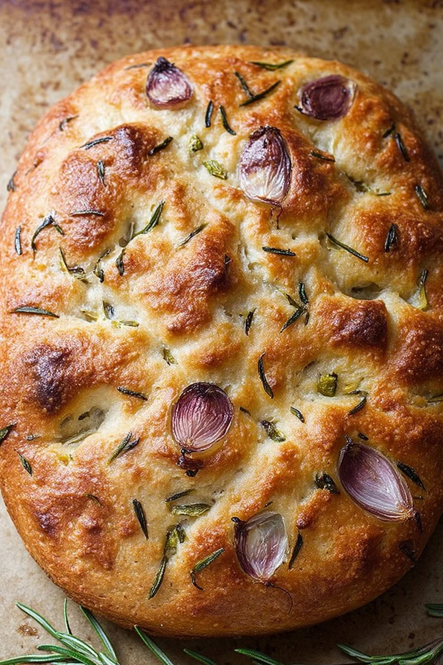 A golden slab of freshly baked sourdough focaccia on a wooden board, drizzled with olive oil and sprinkled with sea salt