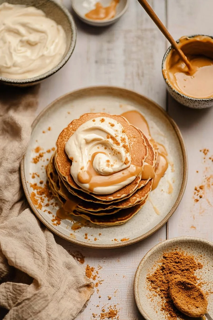 Stack of warm, fluffy Biscoff Pancakes drizzled with cookie butter sauce