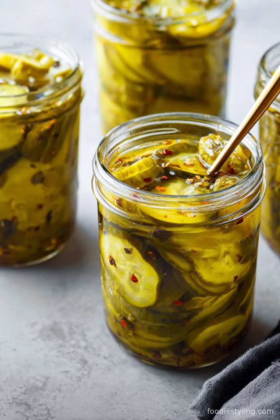 Classic homemade bread and butter pickles with onions in a glass jar