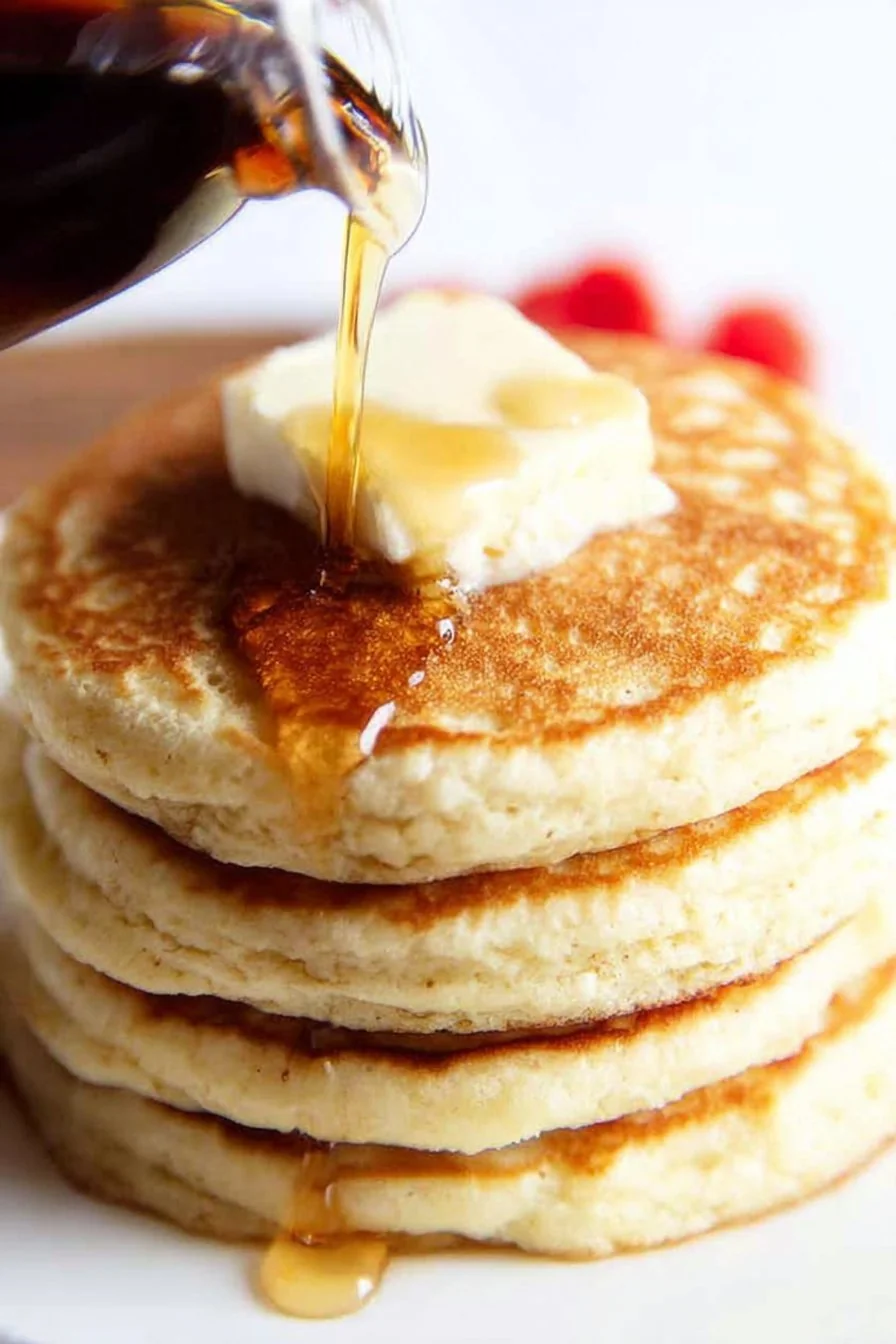 A tall stack of fluffy, golden Buttermilk Pancakes with a pat of butter and drizzle of maple syrup