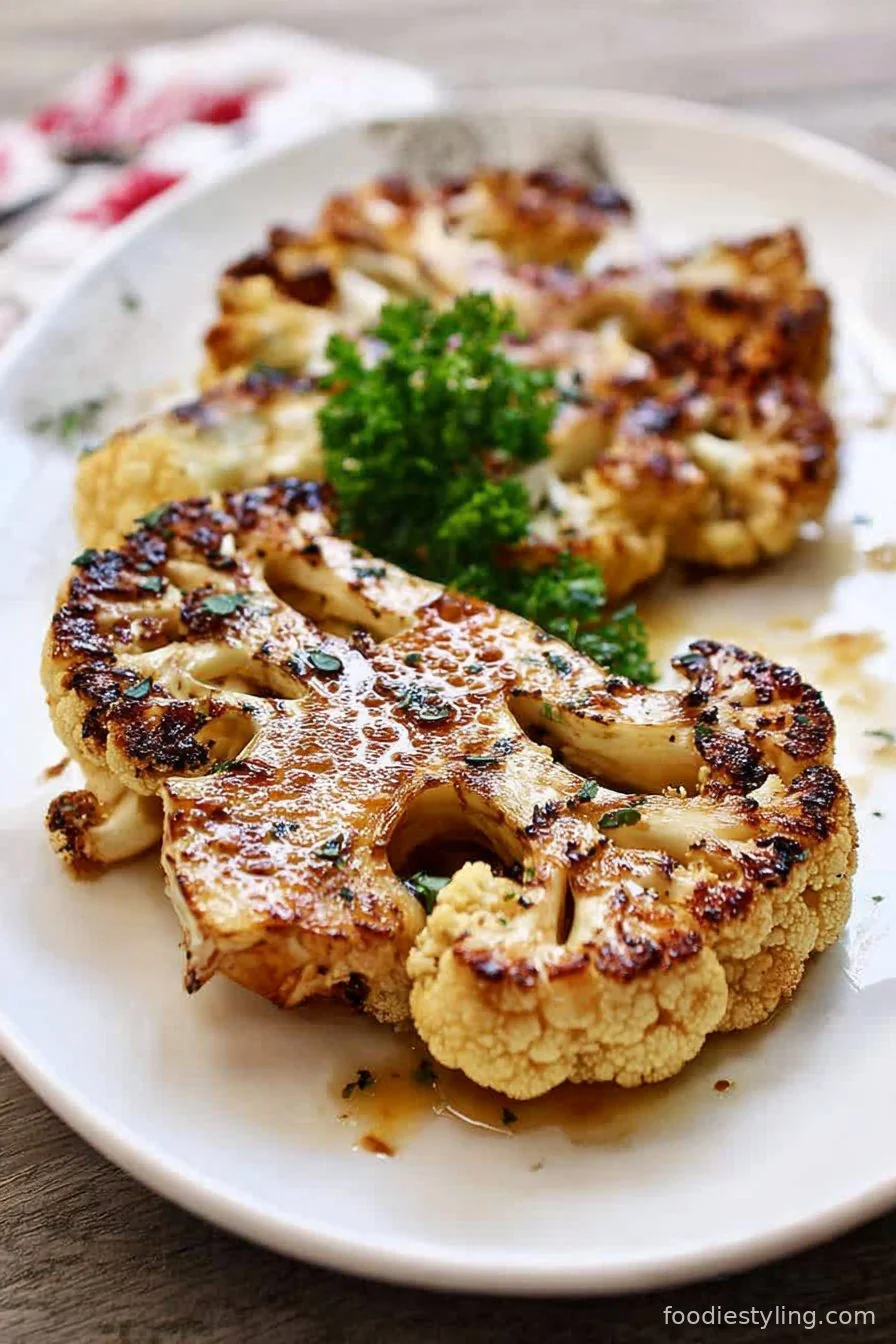 Golden roasted cauliflower steaks on a platter with chimichurri sauce