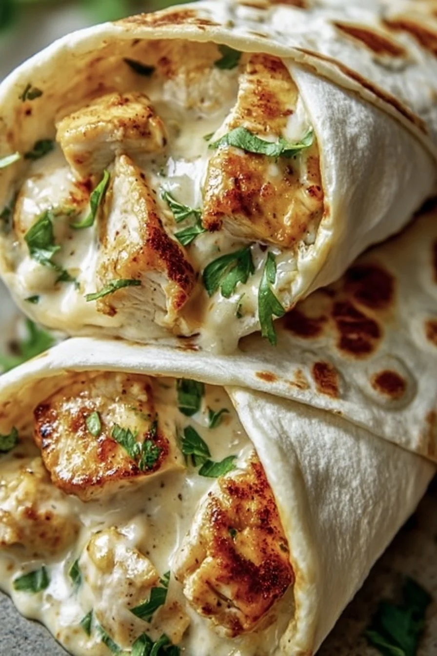 Cheesy Garlic Chicken Wraps in a skillet, golden and melty