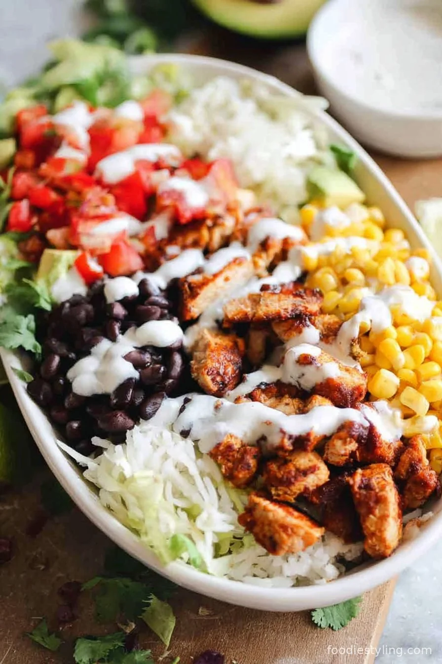 Chicken Burrito Bowls, colorful and loaded with toppings