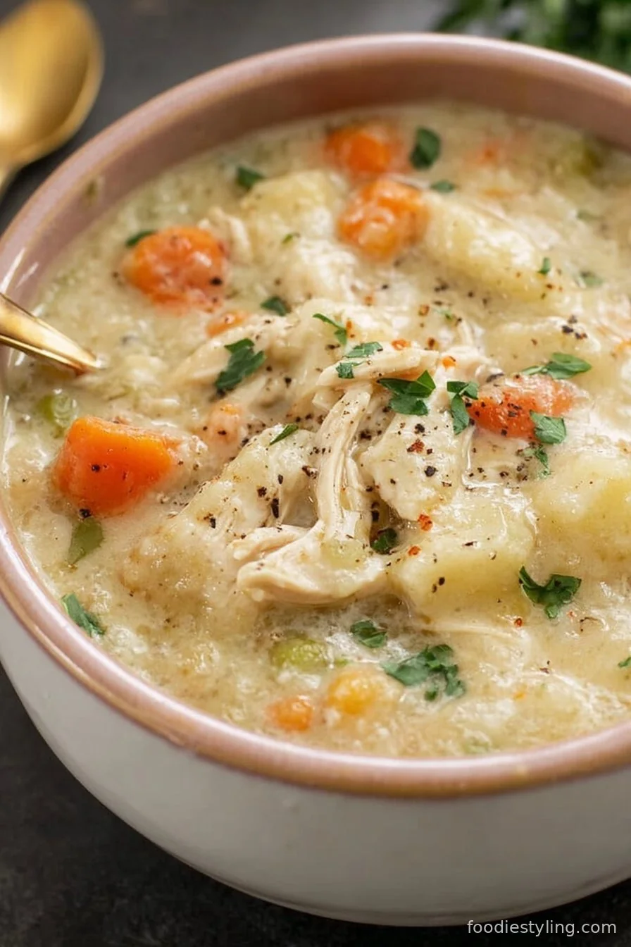 A steaming bowl of creamy Chicken Pot Pie Soup with vegetables and flaky biscuit on the side