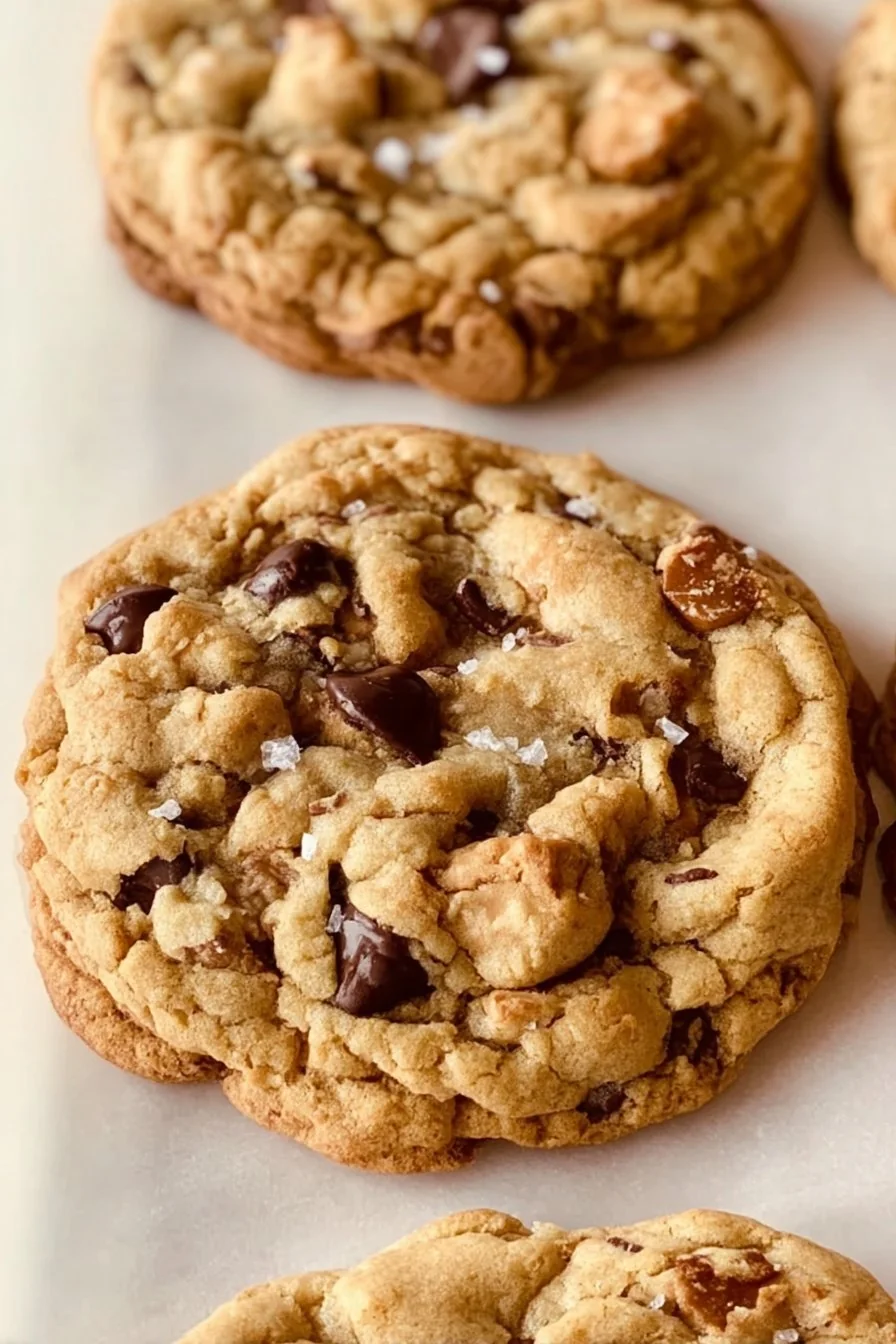 Freshly baked chocolate chip pecan cookies stacked together