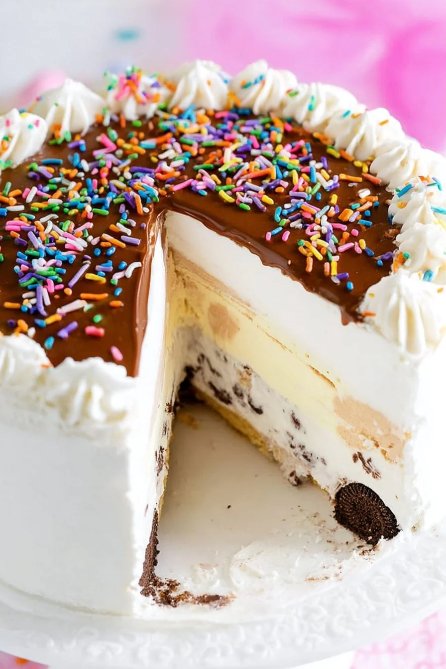 A slice of Copycat Dairy Queen Ice Cream Cake revealing layers of chocolate and vanilla ice cream, fudge, and chocolate crunch.