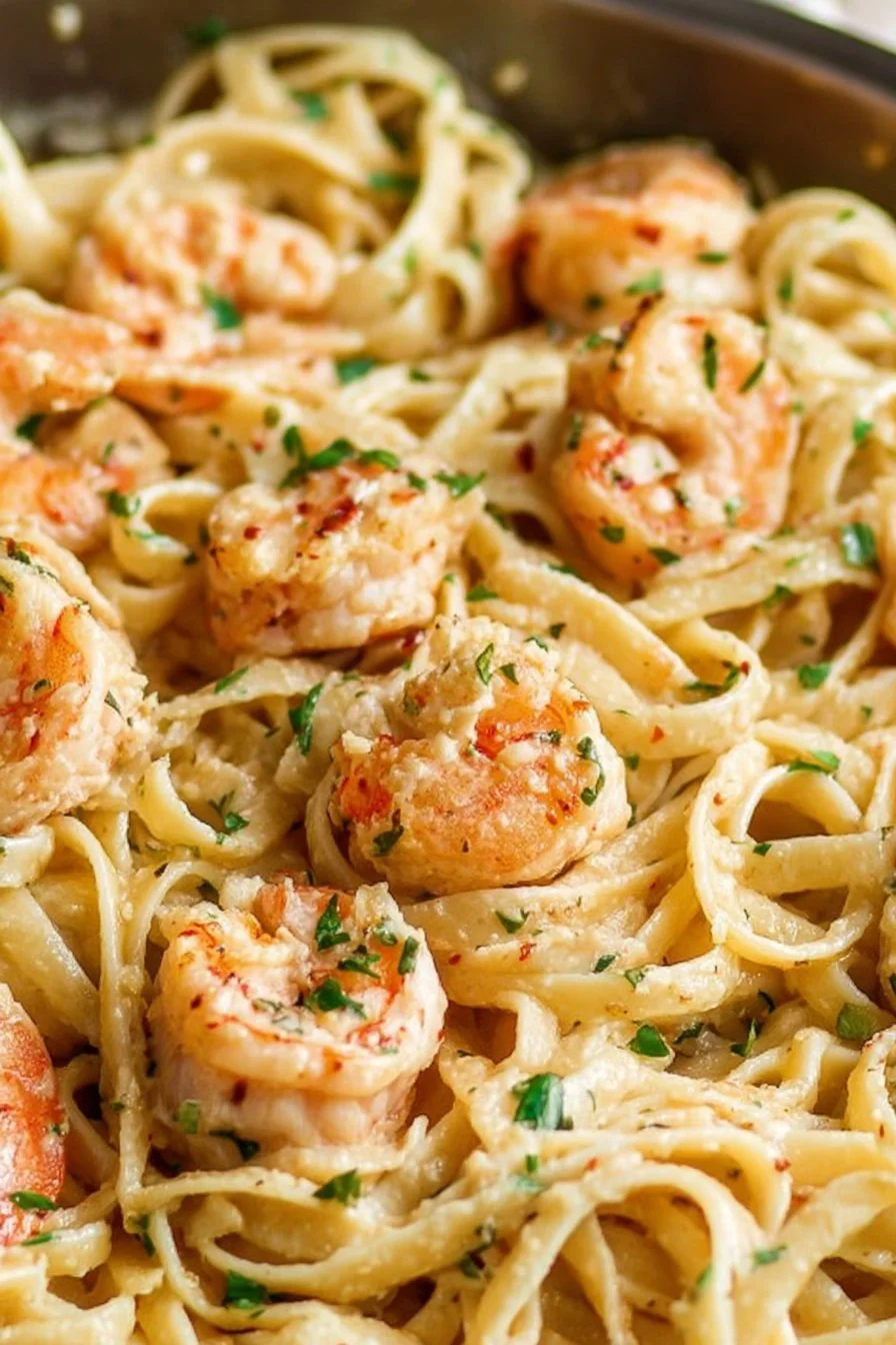 A bowl of Creamy Garlic Shrimp Pasta, topped with fresh parsley and lemon wedges