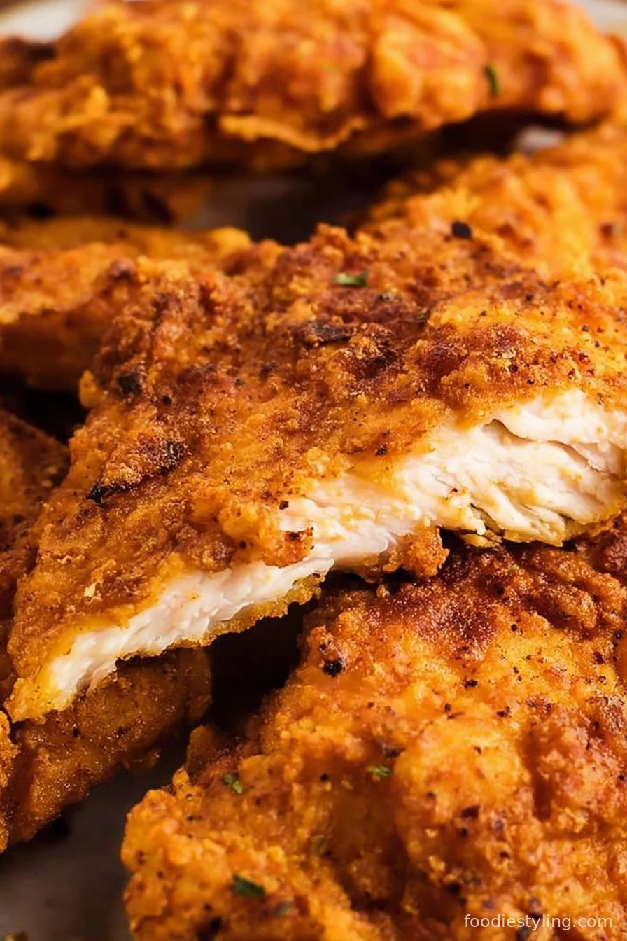 A plate of golden, crispy oven fried chicken with parsley garnish