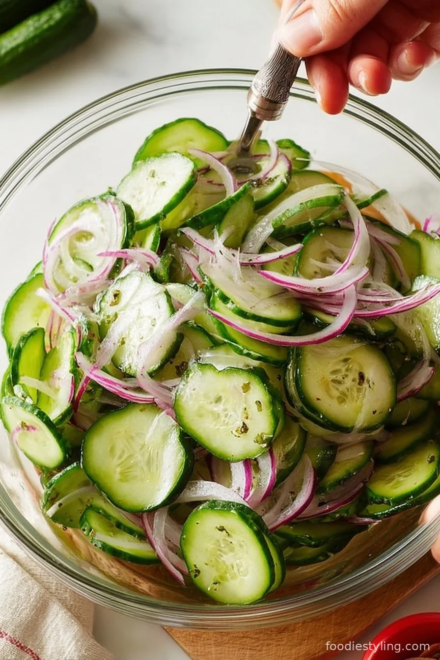 Fresh cucumber salad in a bowl, garnished with dill