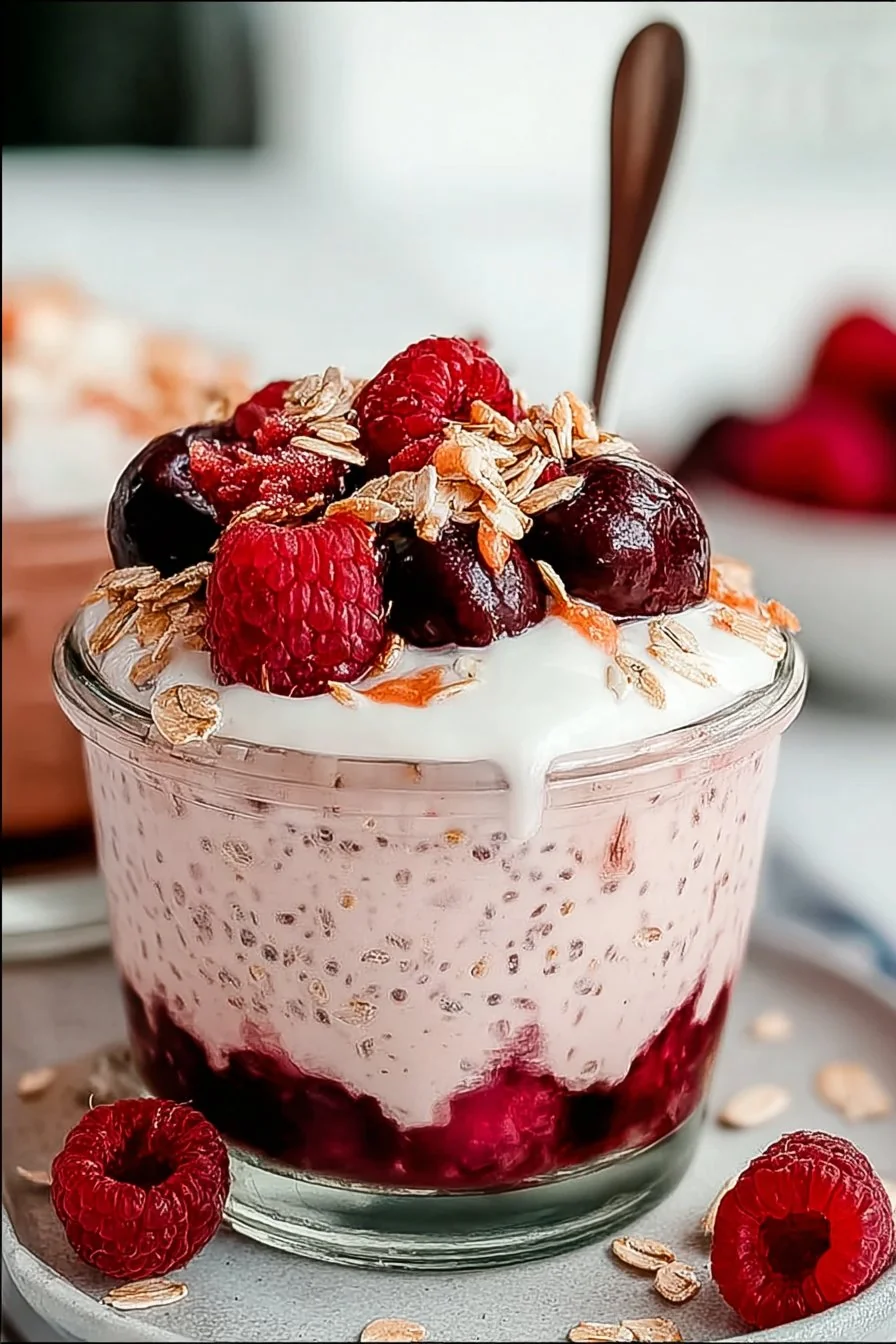 Dreamy Cherry Overnight Oats served in a jar with fresh cherries on top