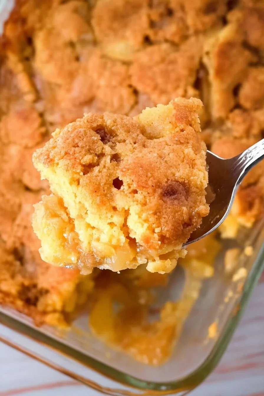 A warm slice of apple dump cake topped with vanilla ice cream