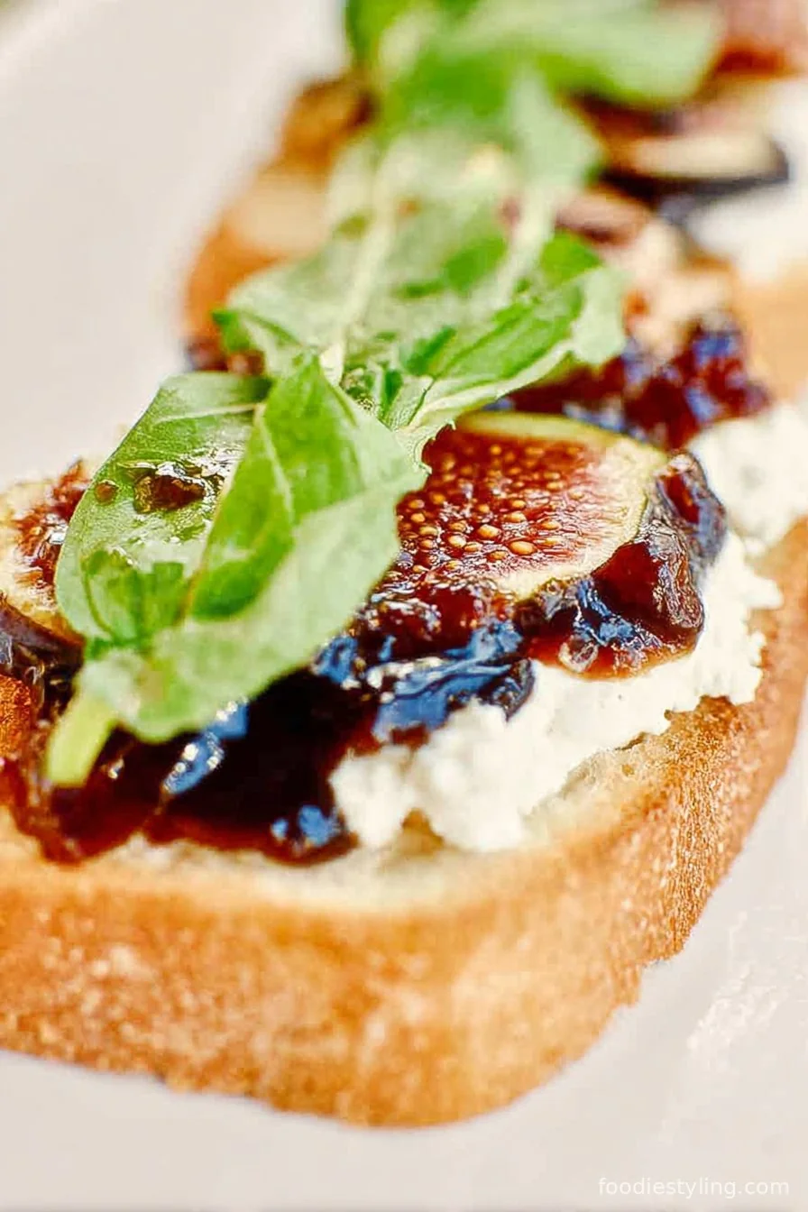 A platter of golden crostini topped with creamy goat cheese, sliced figs, fresh thyme, and a drizzle of honey.