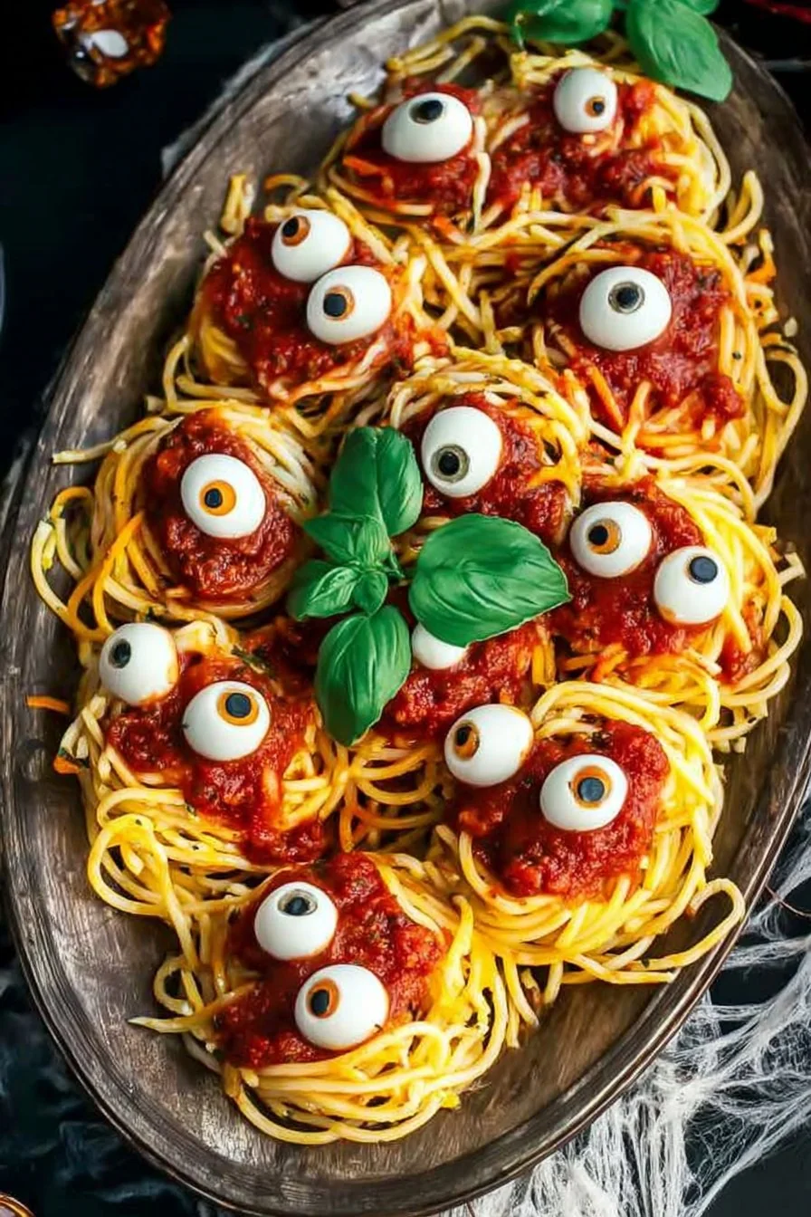 A bowl of spooky black Halloween spaghetti topped with olive eyeballs and parsley.