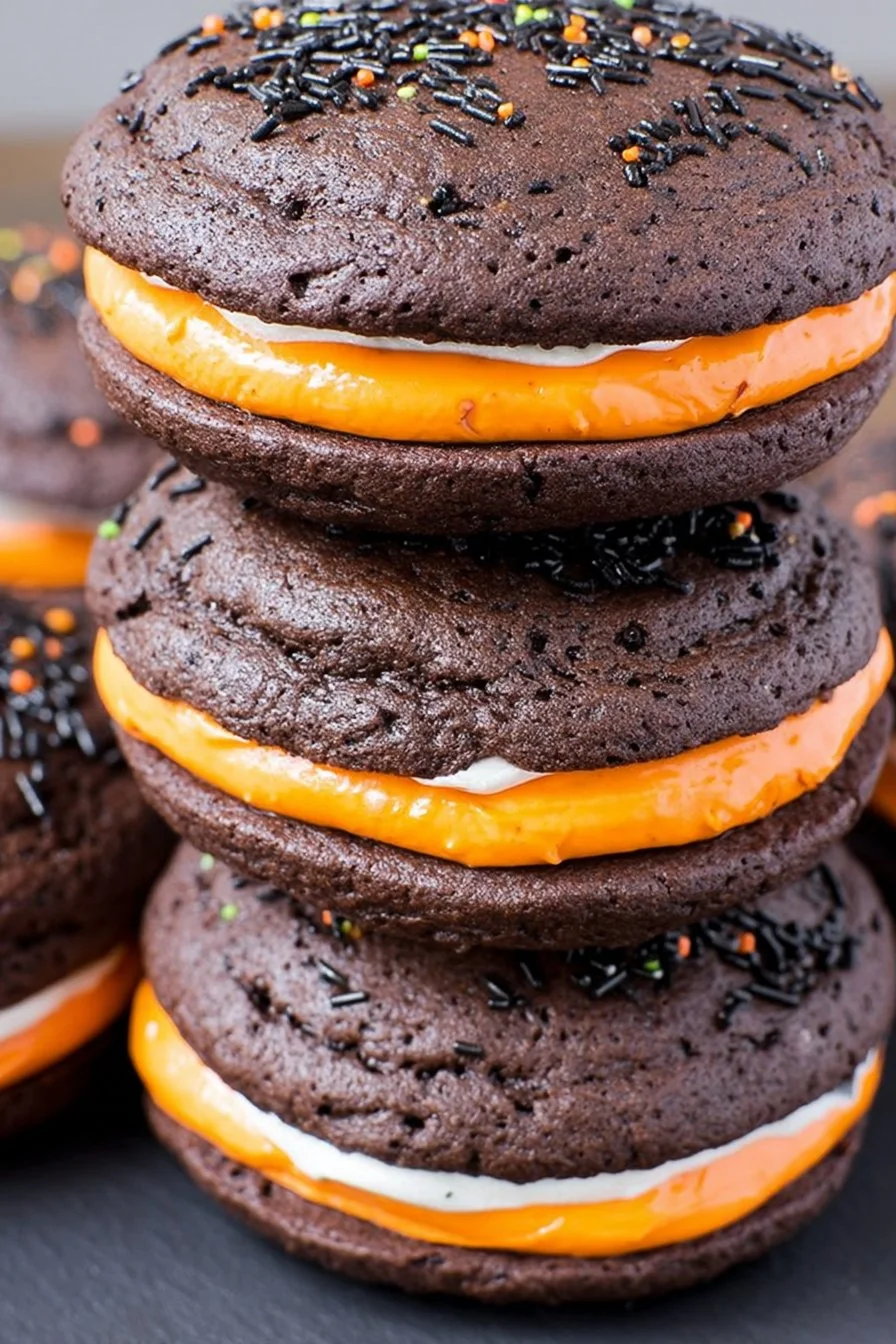 A stack of chocolate whoopie pies with orange and green marshmallow filling, topped with Halloween sprinkles.
