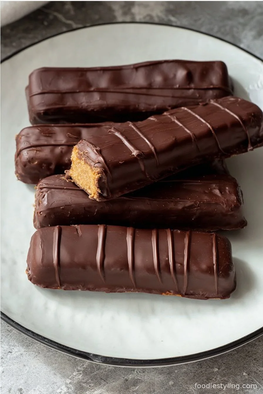 A stack of Healthy Twix Bars with chocolate, caramel, and a cookie layer