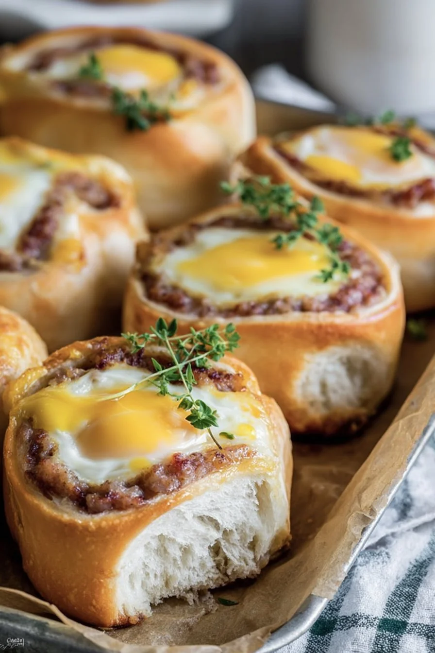 Golden, cheesy sausage and egg rolls on a plate