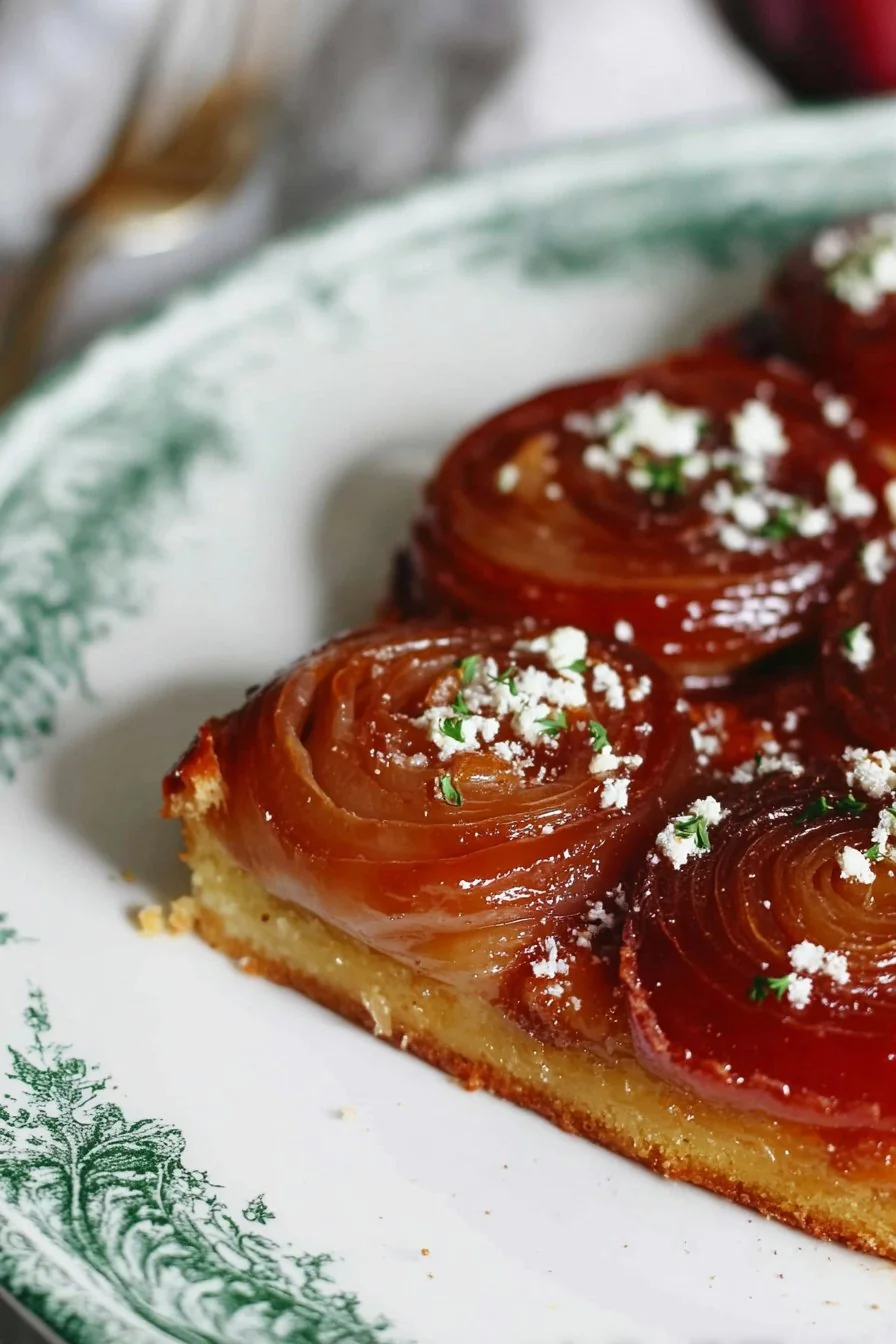 Caramelized Onion Tarte Tatin, a golden-brown, glossy tart topped with caramelized onions on a rustic plate