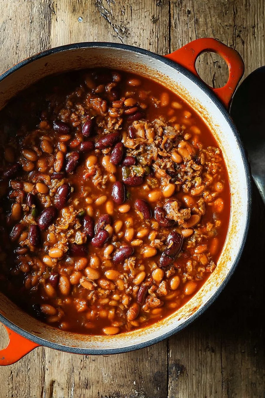A bowl of hearty Cowboy Beans with bacon, beef, and beans