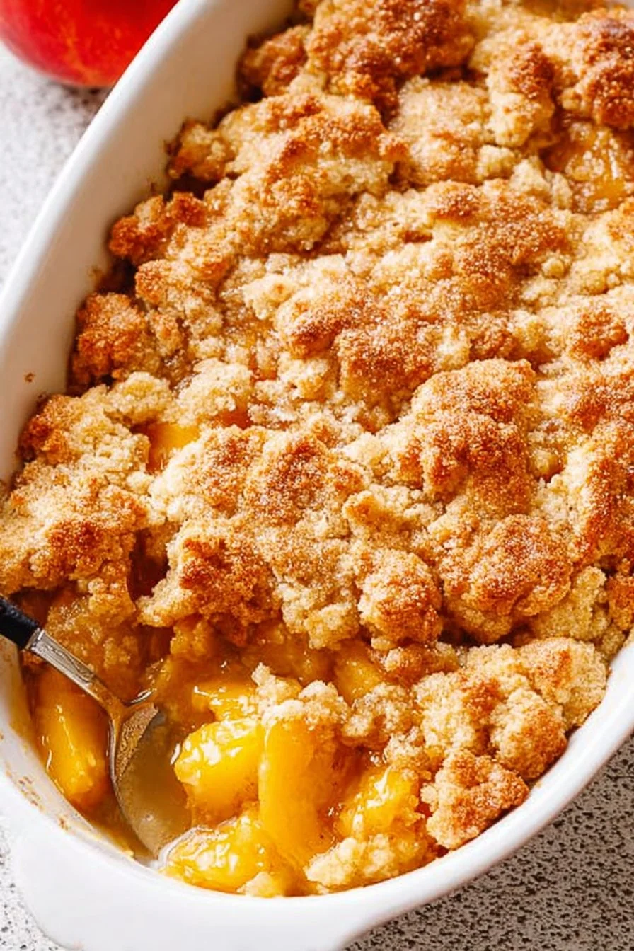 Homemade peach cobbler in a baking dish, topped with a golden crust.