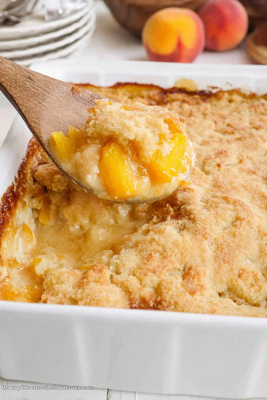 A slice of golden, bubbly peach cobbler with cake mix, topped with vanilla ice cream