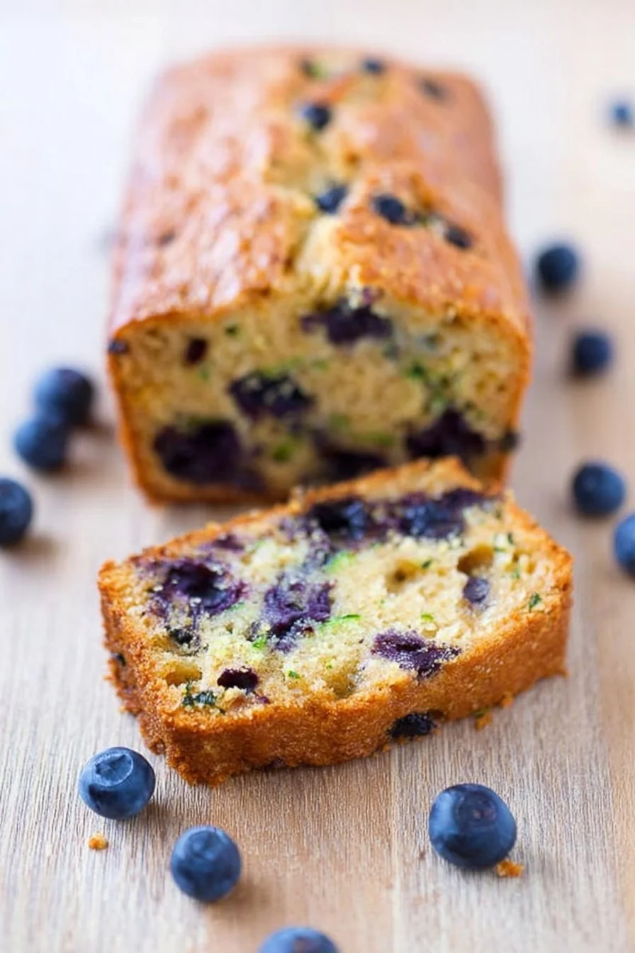 A sliced loaf of moist blueberry zucchini bread, dotted with juicy berries and zucchini flecks