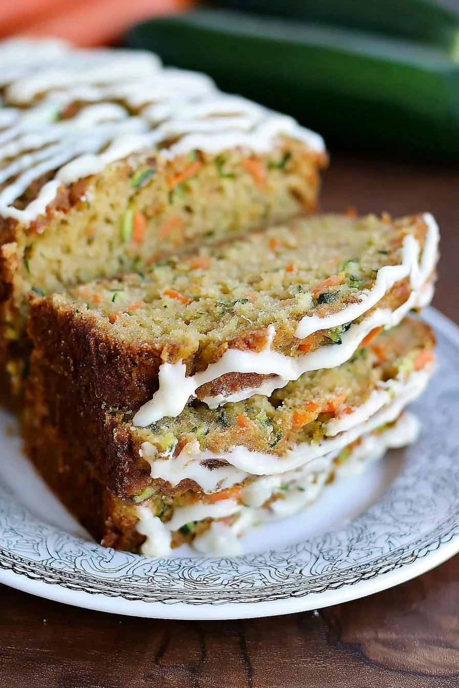 A thick slice of moist Carrot Apple Zucchini Bread with flecks of orange, green, and apple.
