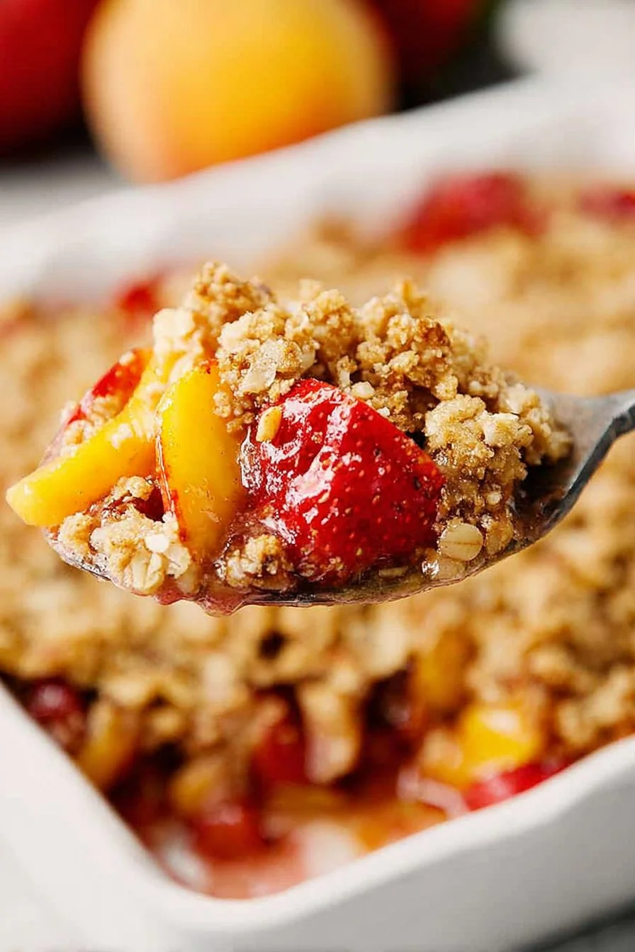 A golden-brown Strawberry Peach Crisp in a white baking dish, topped with melting vanilla ice cream