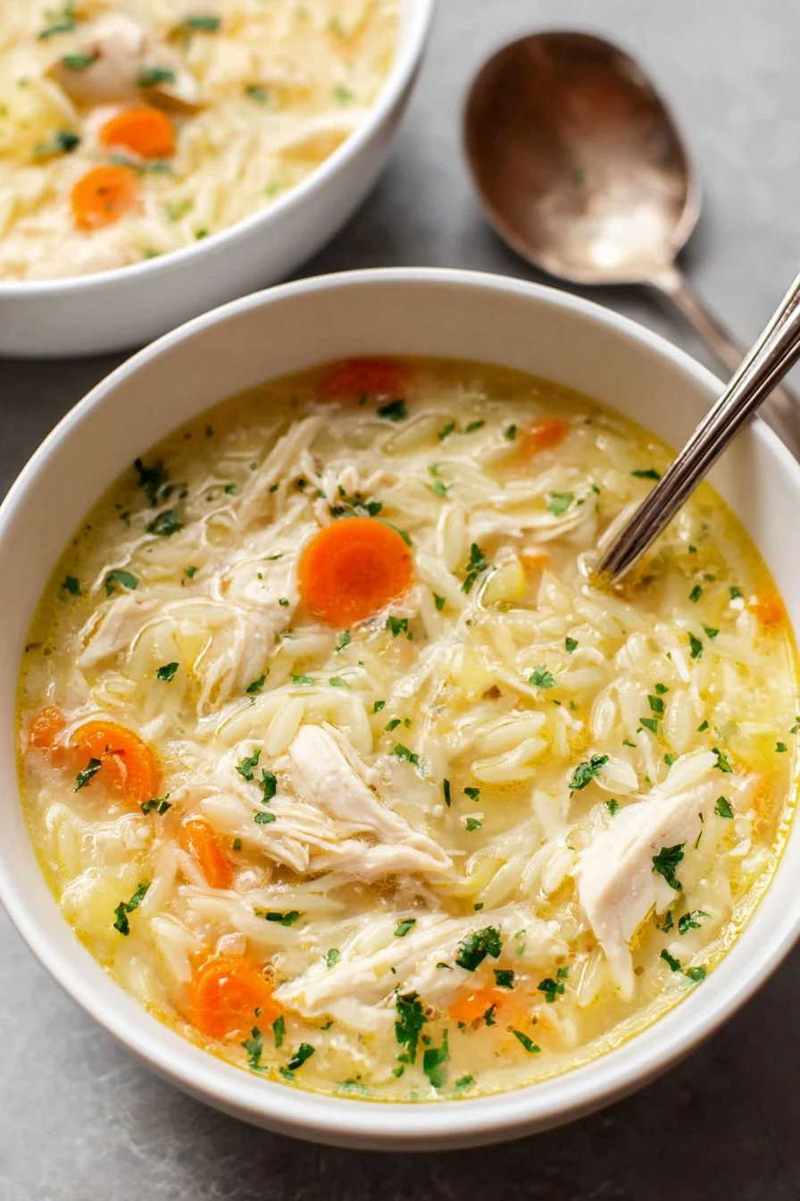 A steaming bowl of Lemon Chicken Orzo Soup topped with fresh parsley and lemon slices