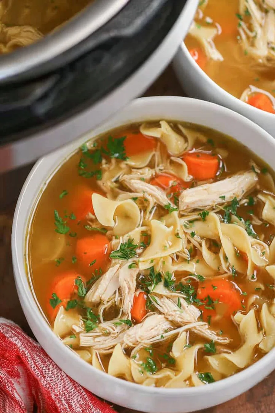 A steaming bowl of classic Instant Pot Chicken Noodle Soup with carrots, celery, and shredded chicken