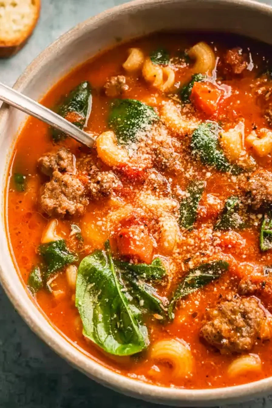 Hearty bowl of Italian Soup with Sausage, topped with fresh herbs and grated Parmesan