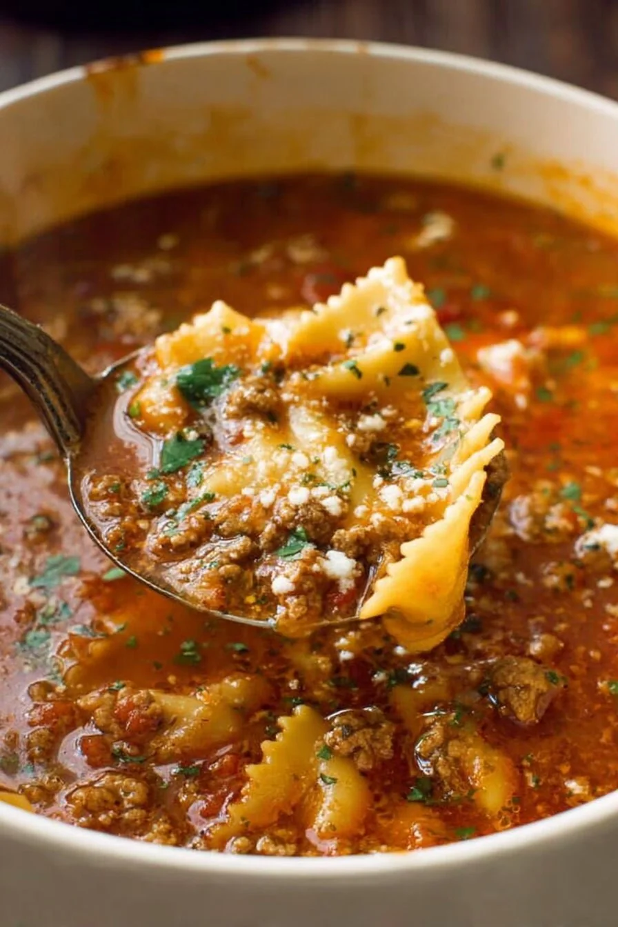 Lasagna Soup in a bowl, topped with melty cheese and fresh basil