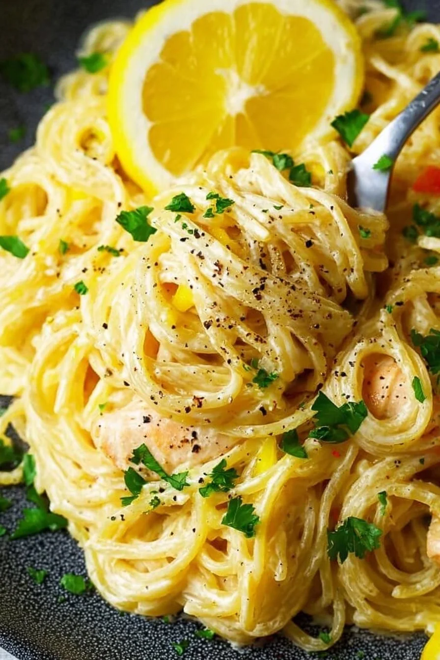 A bowl of creamy Lemon Chicken Pasta garnished with parsley and lemon zest