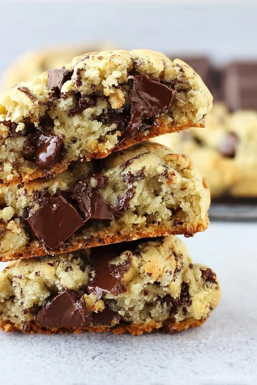 Levain Bakery Chocolate Chip Crush Cookies in a stack, gooey chocolate and golden edges