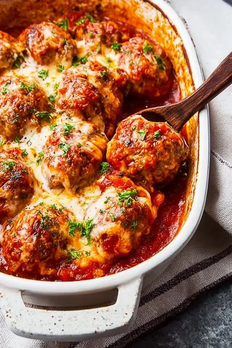 Juicy, golden-brown Low-Carb Italian Meatballs on a plate with fresh parsley