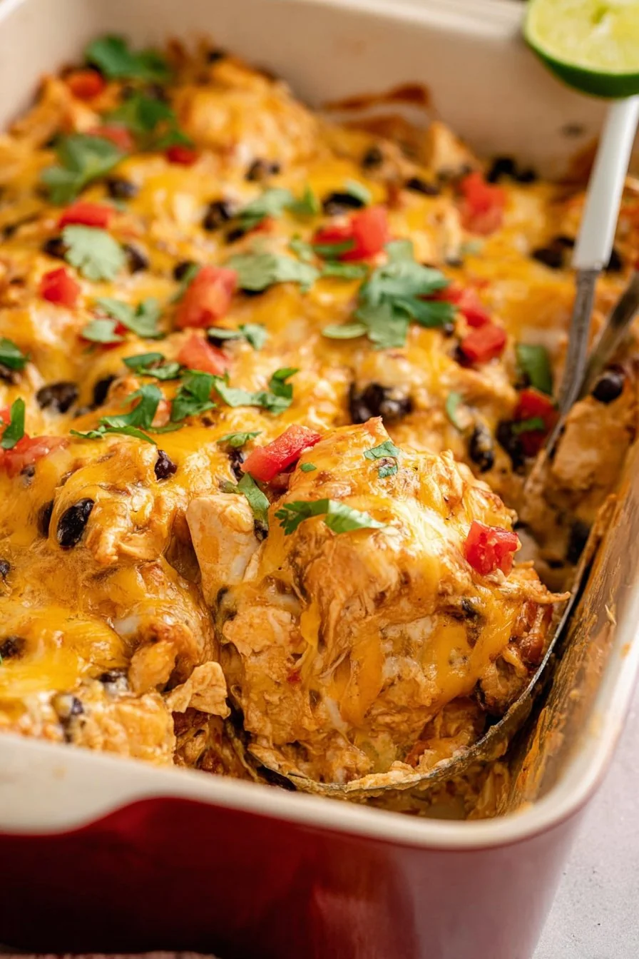 A bubbling, cheesy Mexican Chicken Casserole fresh from the oven