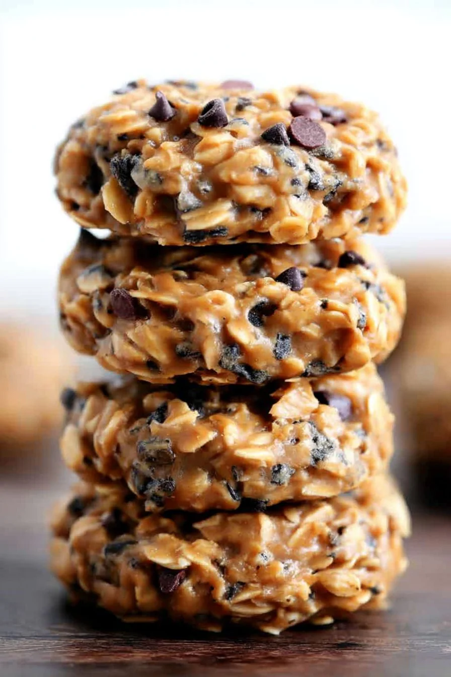 Chewy, golden no-bake cookies stacked on a plate