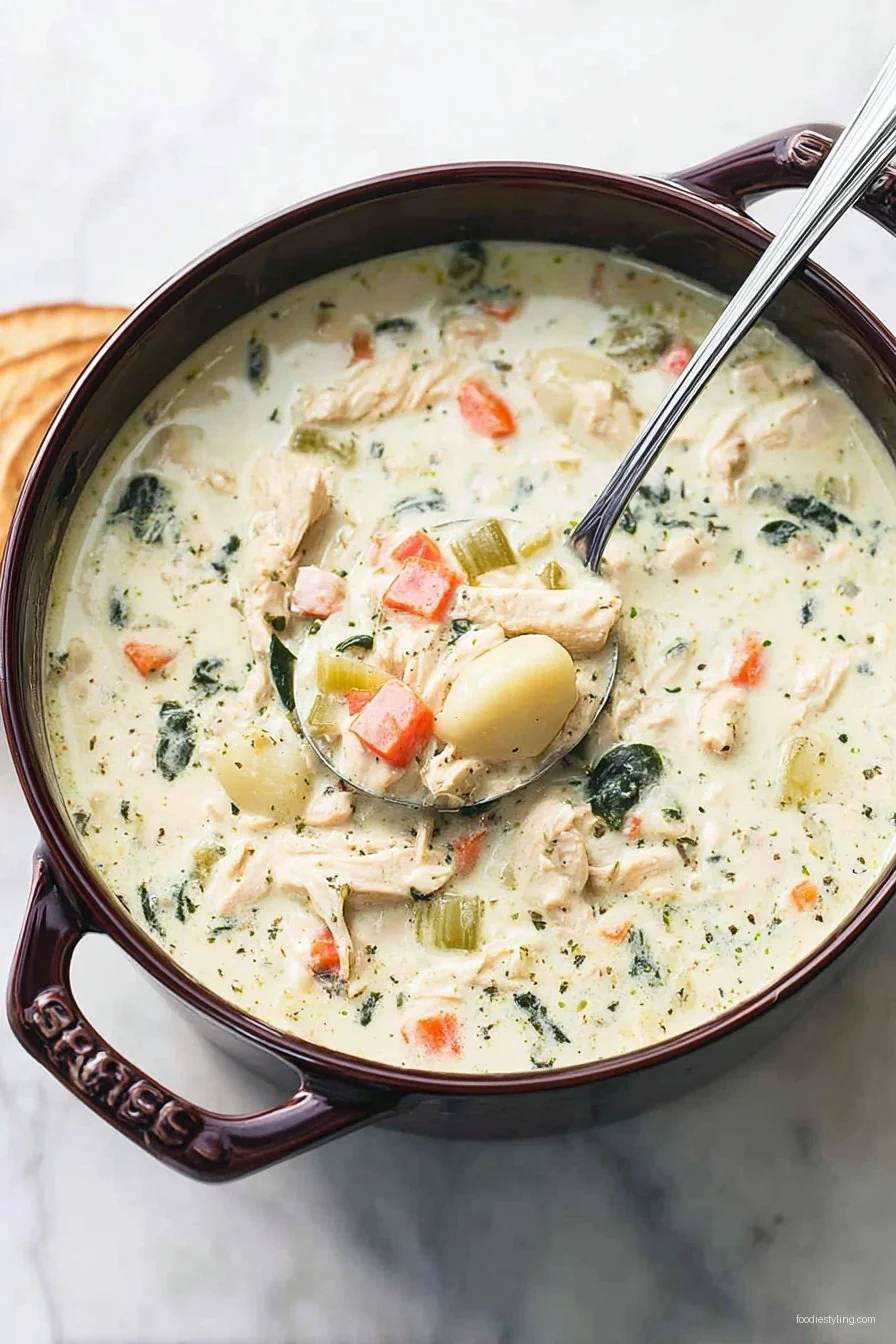 Olive Garden Chicken Gnocchi Soup served in a bowl with a spoon and fresh herbs