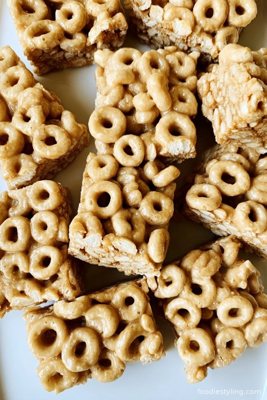 Peanut Butter Cheerio Bars stacked on a plate with a glass of milk