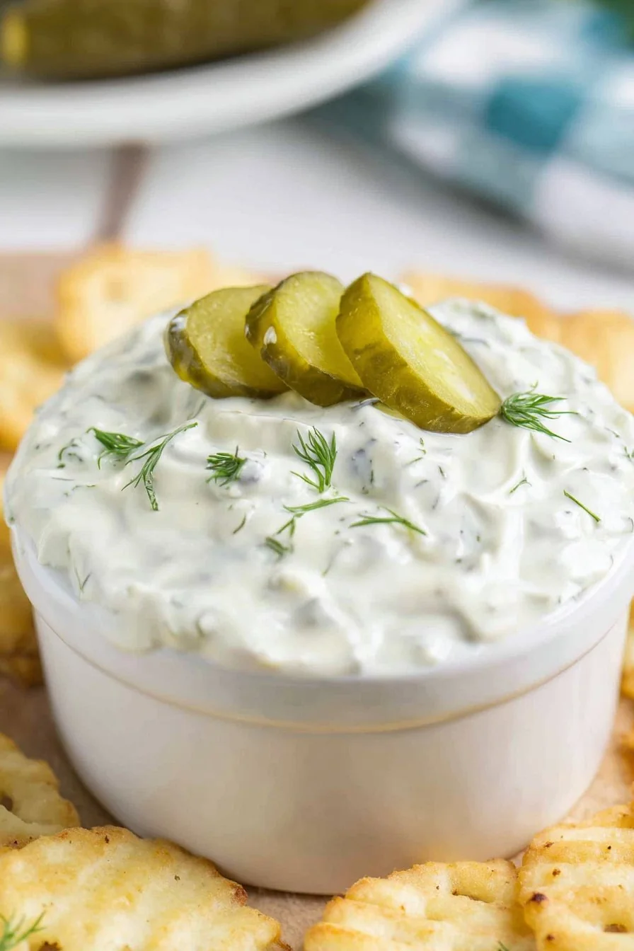 Creamy pickle dip with dill and chips