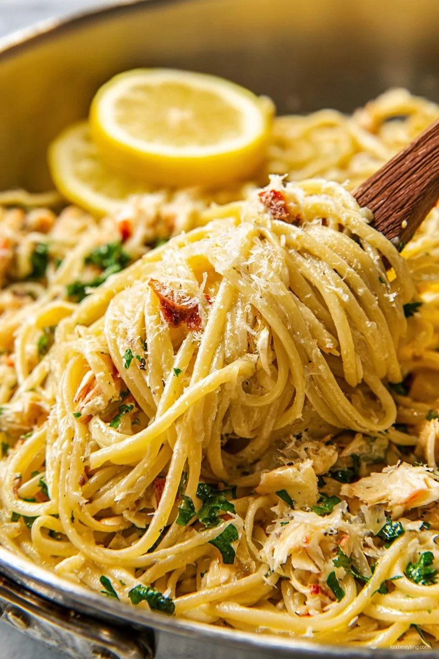 Quick and Easy Crab Pasta plated with fresh herbs and lemon