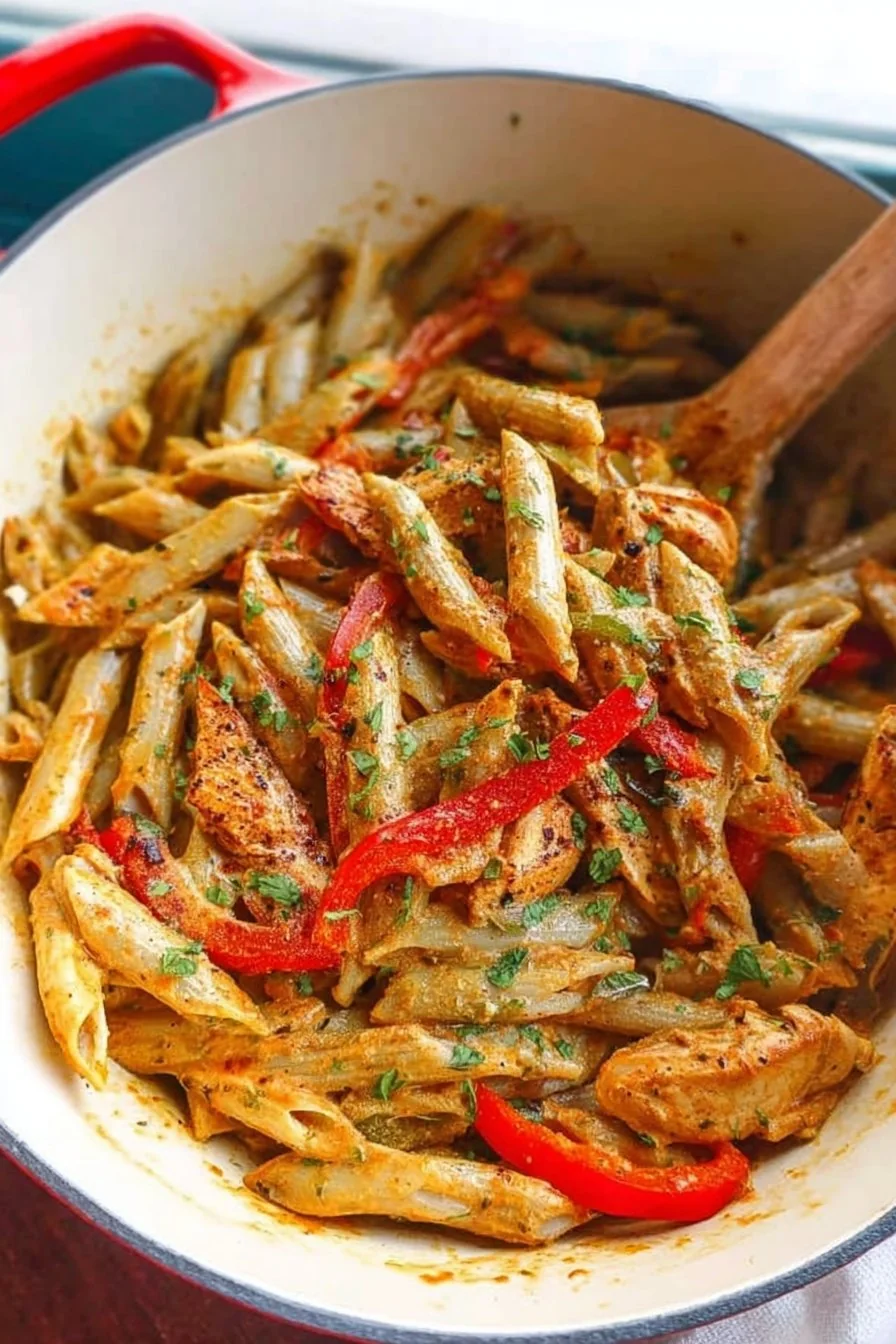 A vibrant bowl of Rasta Pasta with jerk chicken and colorful bell peppers