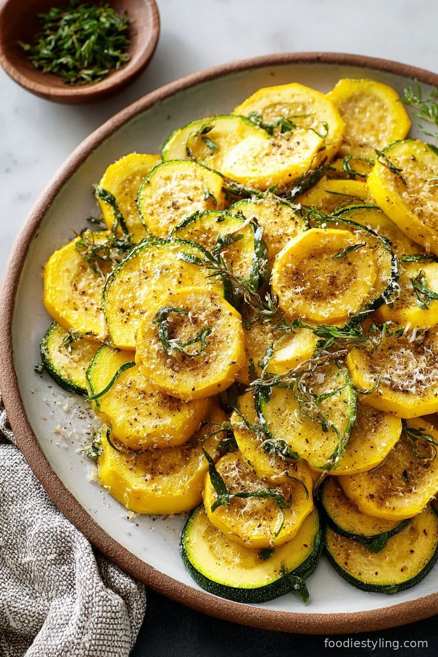 A colorful platter of golden roasted summer squash with fresh herbs
