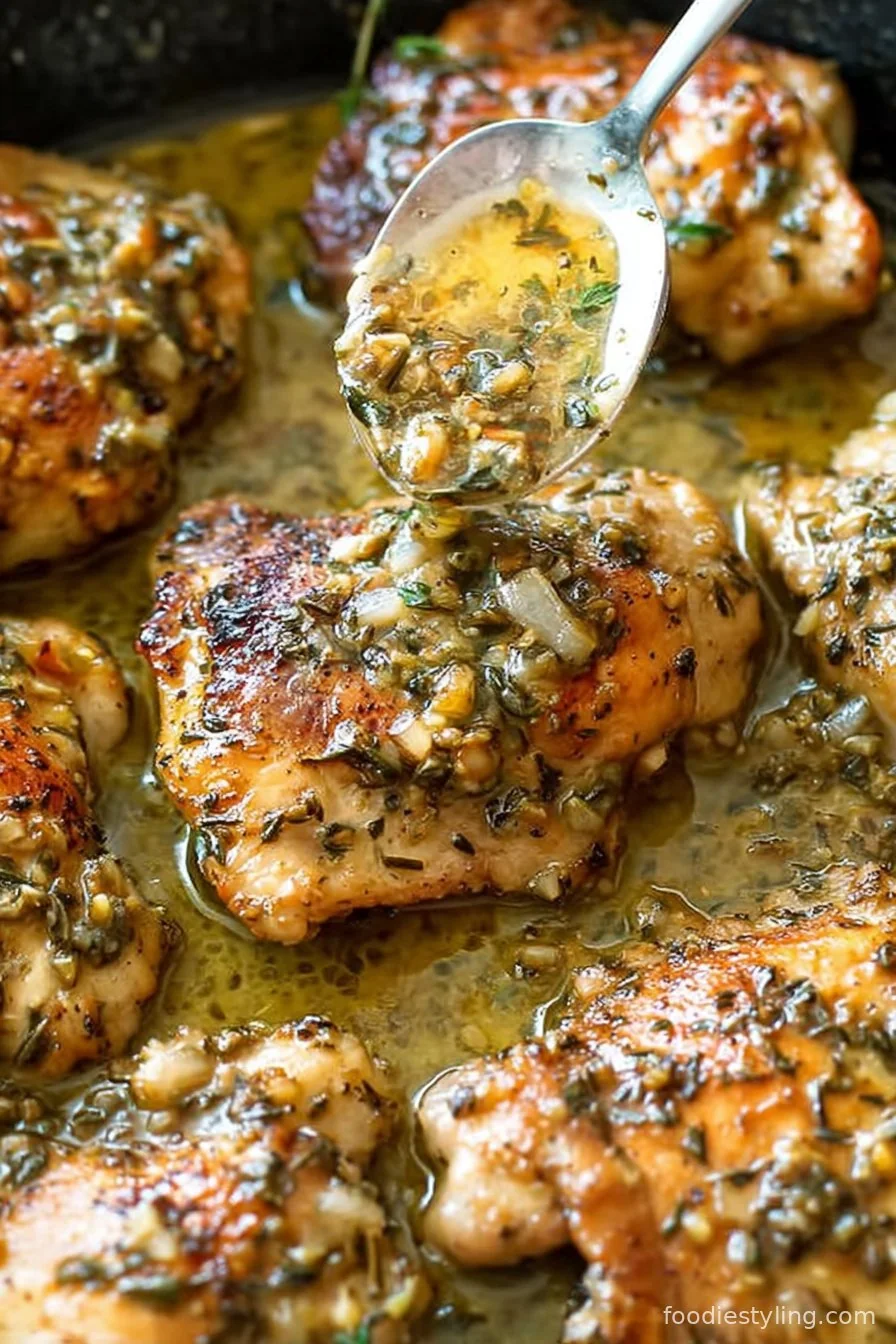 Golden, juicy seared chicken thighs in a skillet with creamy garlic and herb sauce