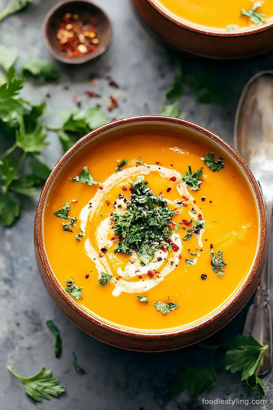 A vibrant bowl of Spicy Butternut Squash and Sweet Potato Soup, topped with coconut cream and chili flakes