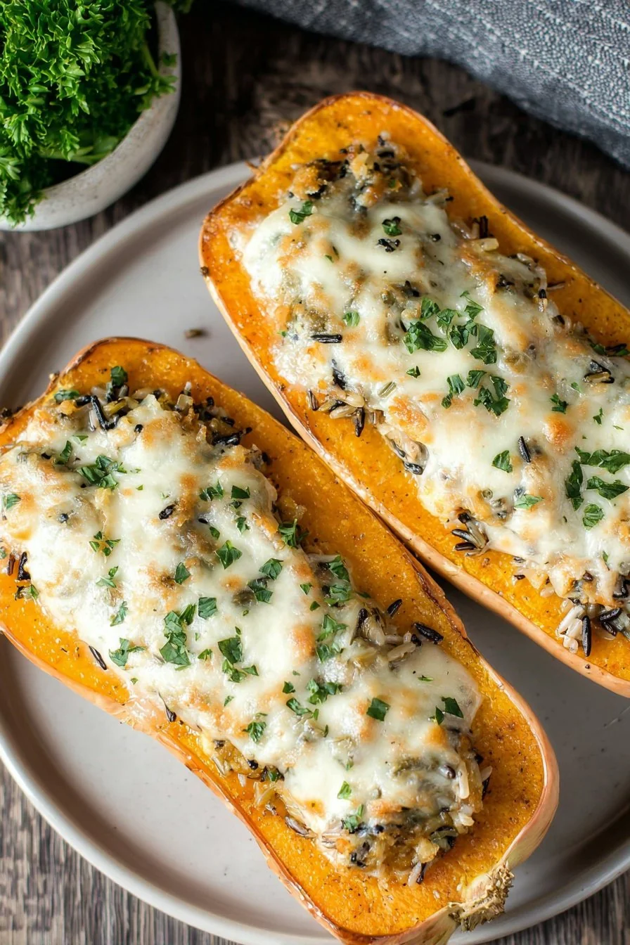 Golden roasted butternut squash halves stuffed with wild rice, cranberries, and herbs, served on a rustic wooden platter.