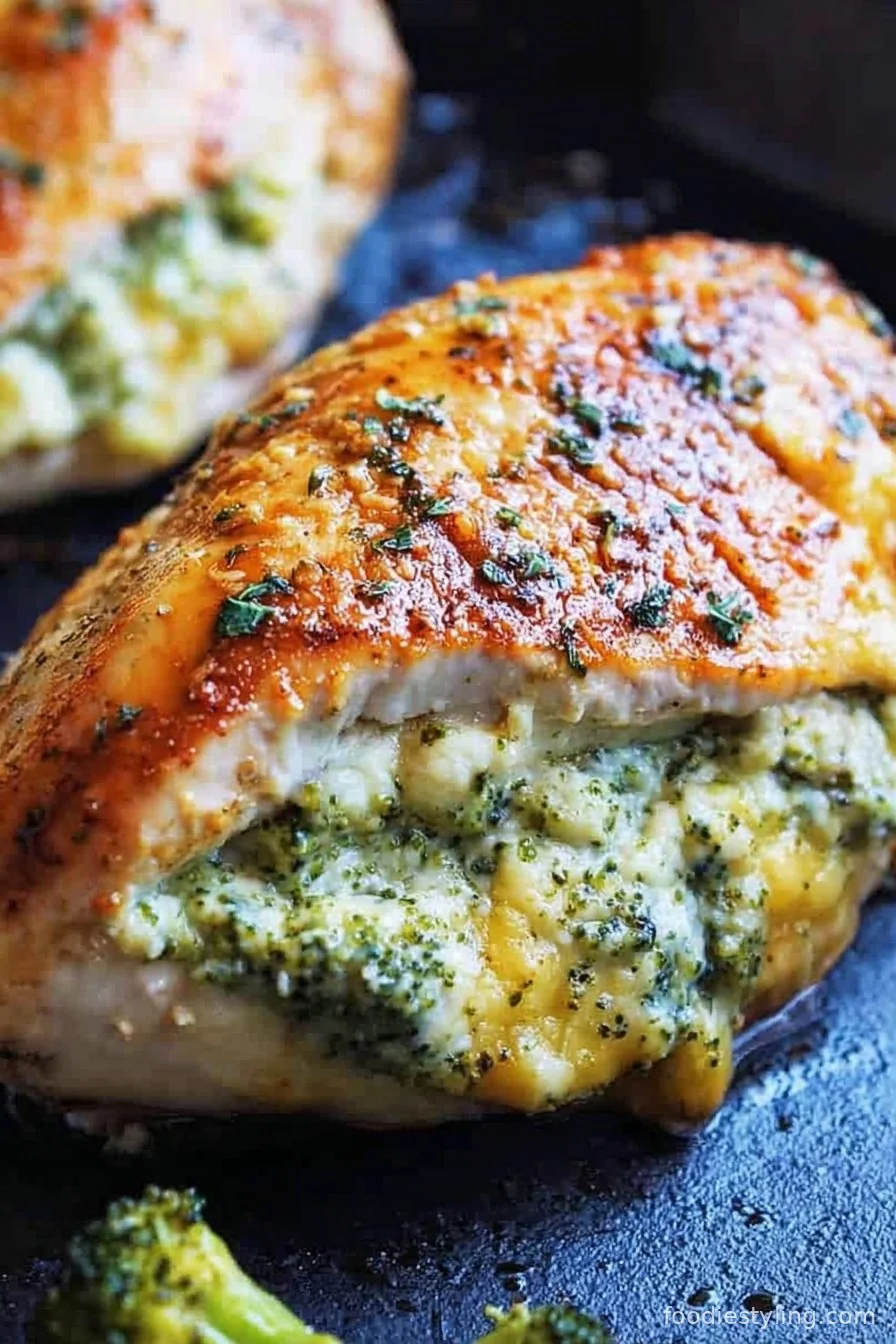 Stuffed Chicken Breast with Broccoli and Cheese plated with fresh herbs
