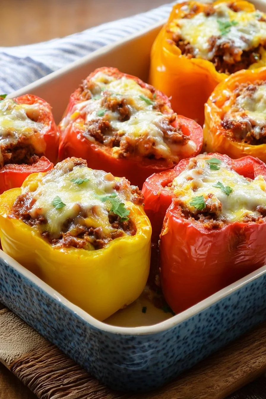 Stuffed Peppers in a baking dish, melty cheese on top