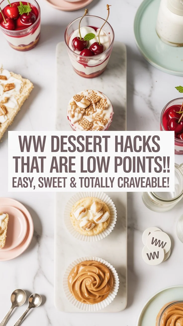 A colorful array of low point WW desserts, including fruit parfaits and chocolate-dipped strawberries