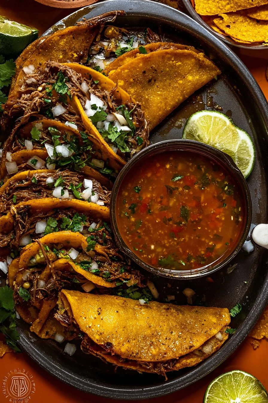 Birria Tacos piled high on a tray with consommé in small bowls for dipping